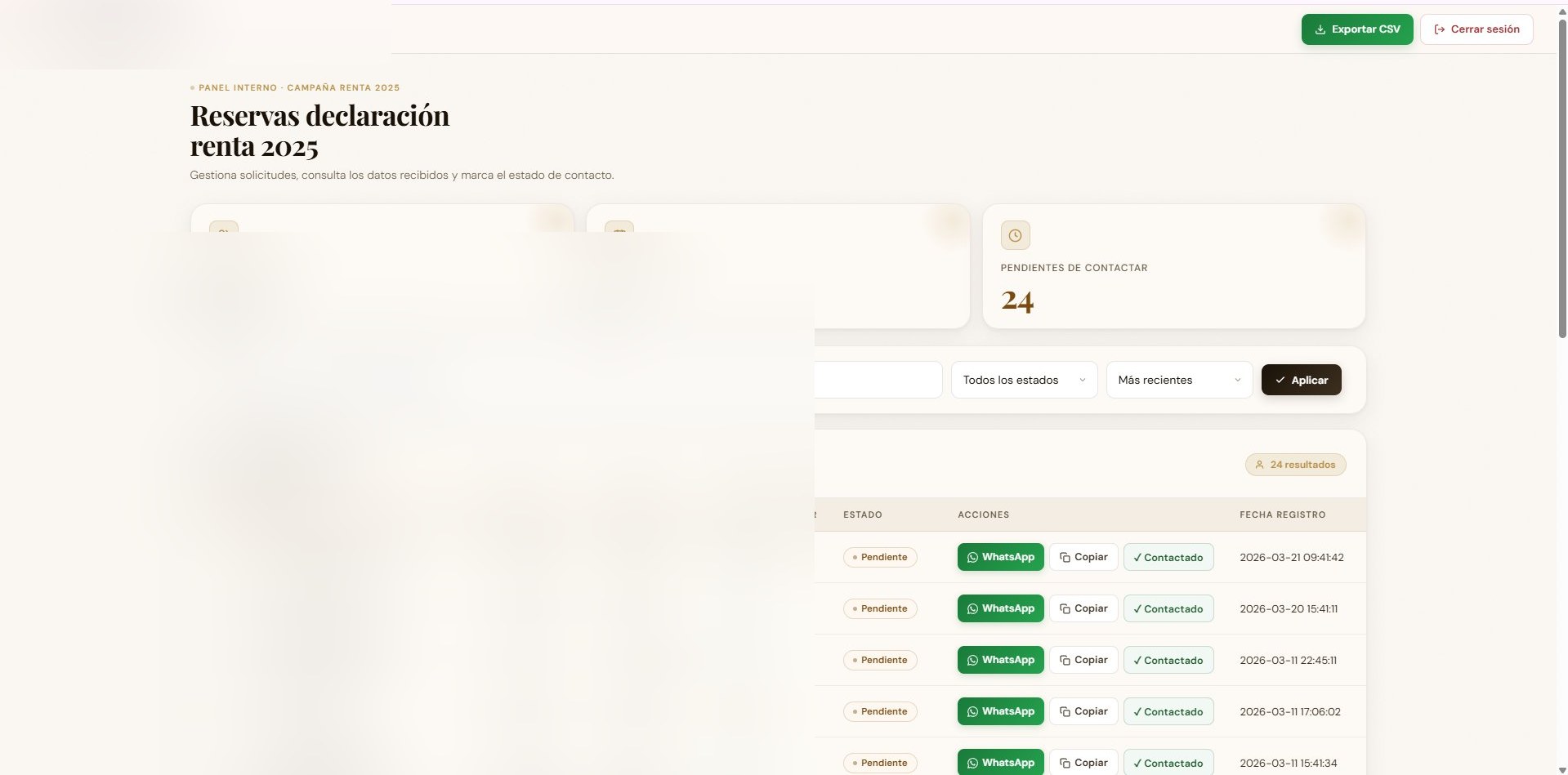 Panel gestión reservas cola operativa gestoría Marina Baixa